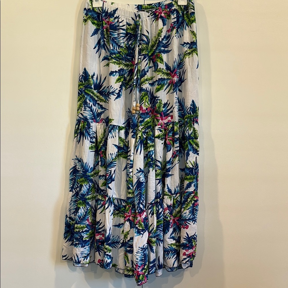 Coco Cabana Resort Tropical Print Tiered Wide Leg Pants Cover Up Large